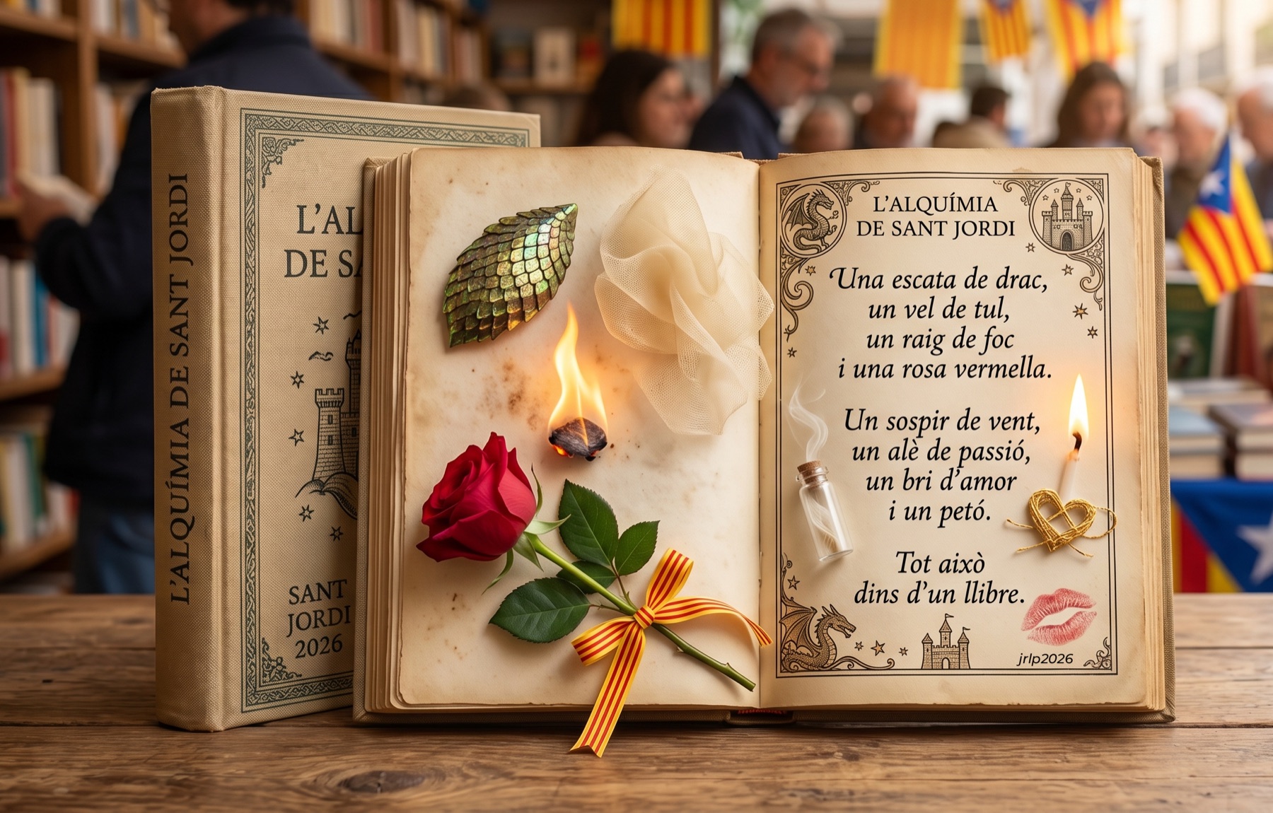 Postal de Sant Jordi amb un llibre obert, una rosa i un poema.
