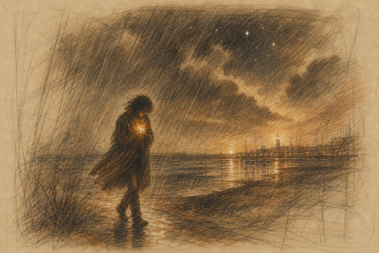 Una figura sota la pluja busca una llum a l'horitzo.