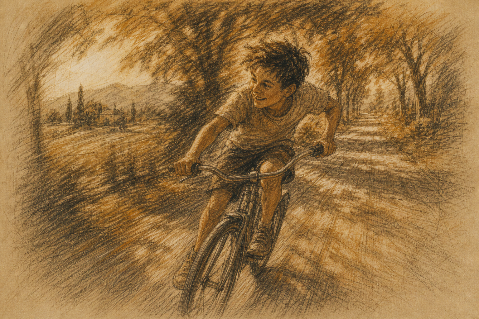 Un noi pedala de pressa per un cami d'estiu mentre el record corre amb ell.