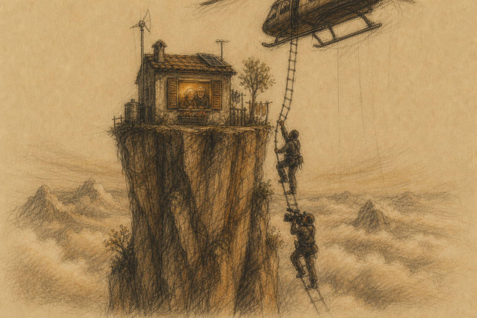 Una casa al cim d'una muntanya estreta, interrompuda per una escala d'helicopter.