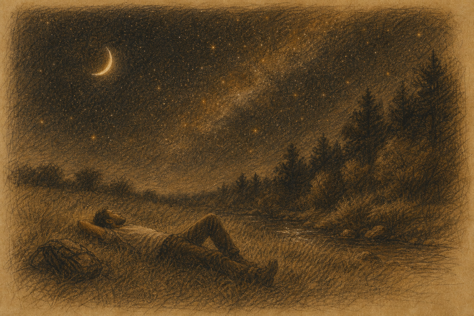 Un home jeu sobre l'herba sota un cel ple d'estrelles i silenci.